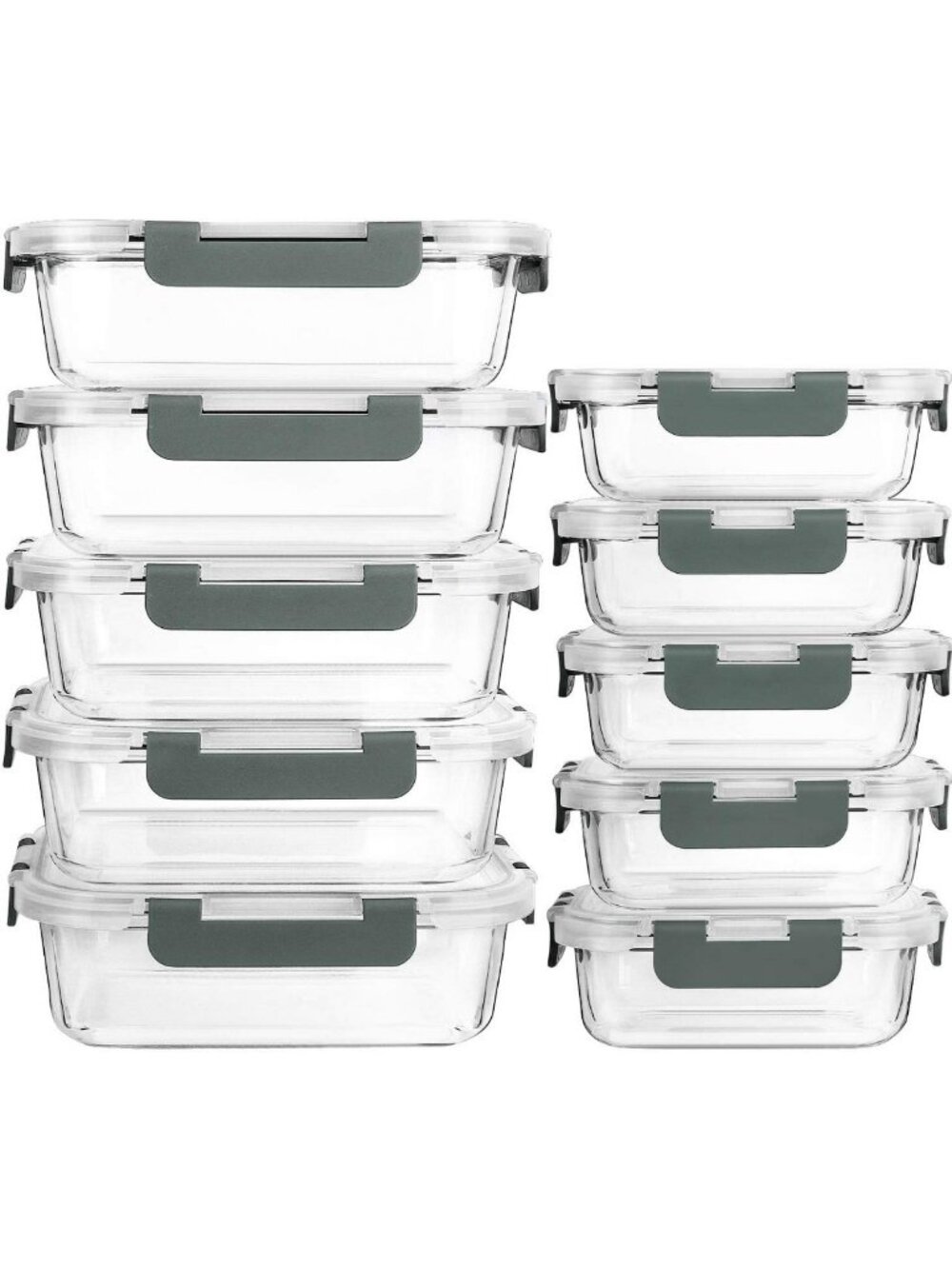 10 Pack Glass Food Storage Containers with Lids - Airtight, BPA-Free, Gray
